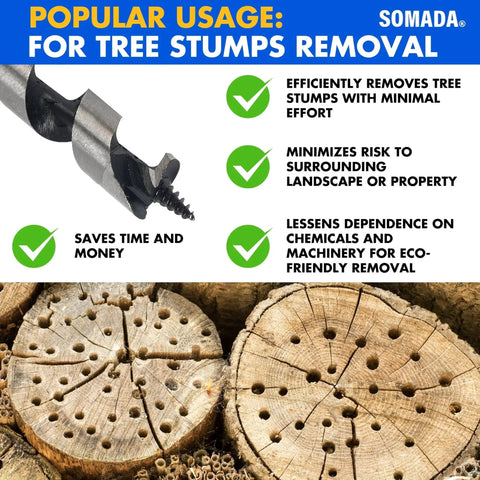 Half Inch By Twelve Inch Auger Drill Bit With Three Eighths Inch Hex Shank Long Ship Auger For Wood Plastic Drywall And Composite Materials Delivers Deep Clean Holes In Soft And Hard Wood shown for tree stump removal use with drilled wooden logs