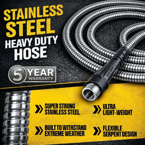 Coiled stainless steel garden hose with sprayer nozzle, highlighting 5-year warranty and features, non kinking, 500 PSI, durable design.