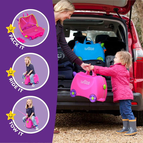 Child using Ride On Kids Suitcase For Travel And Fun Tow Along Toddler Luggage With Wheels Carry On Cute Pink Bag For Airplane Travel Trixie Girl Pink Kid Luggage