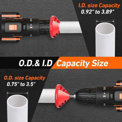 2 In 1 Inner Outer PVC Deburring Tool Chamfer Reamer For Pipe Edges, Pro Grade Plumbing Tool Delivers Smooth Bevels And Leak Free Joints, Works With PVC CPVC ABS PP PE Pipes, OD 0.92 To 3.89 Inches, ID 0.75 To 3.5 Inches shown with pipe dimensions