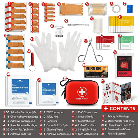 Travel Ready 100-Piece First Aid Kit In A Water-Resistant Hard Shell Case contents overview with medical supplies in a red case