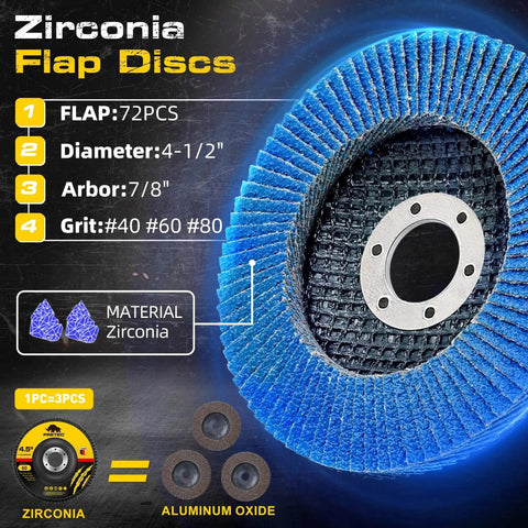 Zirconia flap disc with details on flap count, diameter, arbor size, and grit levels, from All In One Pro Grade 26 Piece Angle Grinder Disc Set.