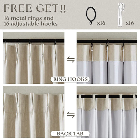 Cozy Pleated Cream Beige Linen Blackout Curtains For Bedroom 90 Inch Length 2 Panels, shown with ring hooks and back tab options.