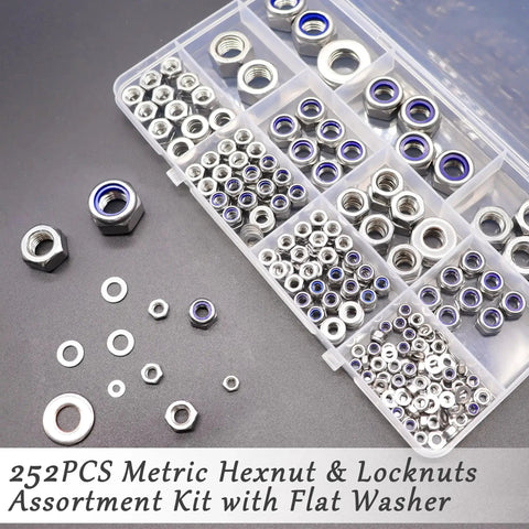 252 Piece Hex Nut and Lock Nut Set With Flat Washers in 304 Stainless Steel M3 to M12 Seven Sizes Pro Grade Hardware Nuts and Washers Kit for DIY Projects Auto Repair and Home Use