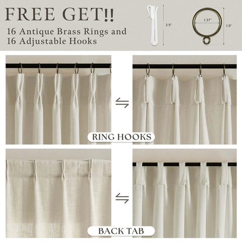 Product image showing Sand Beige Linen Curtains 102 Inches Long for Living Room Two Panels 50 by 102 Inch Pinch Pleated Drape with Back Tab Hooks Rings for Track System Light Filtering Memory Shape Trained Technology for Bedroom Sliding Patio Door, highlighting brass ring hooks and back tab options.