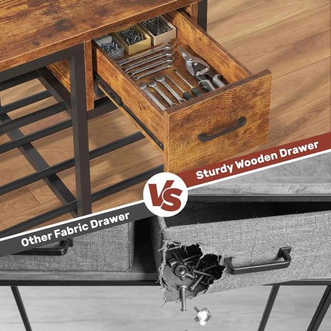 Comparison of wooden drawer and fabric drawer in All In One 3D Printer Workstation With Filament Storage, Metal Table, Drawer, And Power Hub.