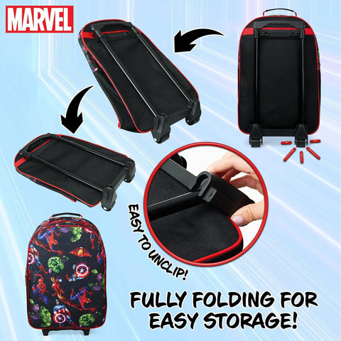 Spiderman And Marvel Avengers Foldable Kids Suitcase Carry On Luggage With Wheels shown folded for easy storage