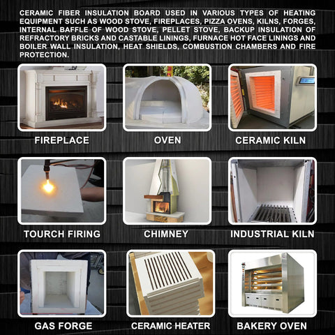 Uses of Ceramic Fiber Insulation Board 2300F Half Inch Thick 19.7 Inch By 39.4 Inch for fireplaces, ovens, kilns, and heaters.