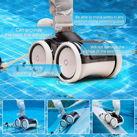 Upgraded Rubber Tire With Treads Replacement For Pentair Legend Pool Cleaner Wheel Rubber Tire Set For Automatic Pool And Spa Cleaner LL105 LL505G LL505GG 360007 LLC1 4 Pack installed in pool cleaner, multiple views on pool surface.