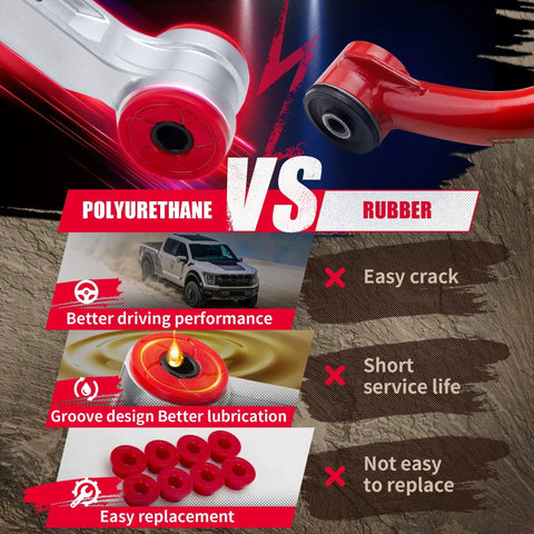 Comparison between polyurethane and rubber car parts benefits and drawbacks with graphics and text descriptions.
