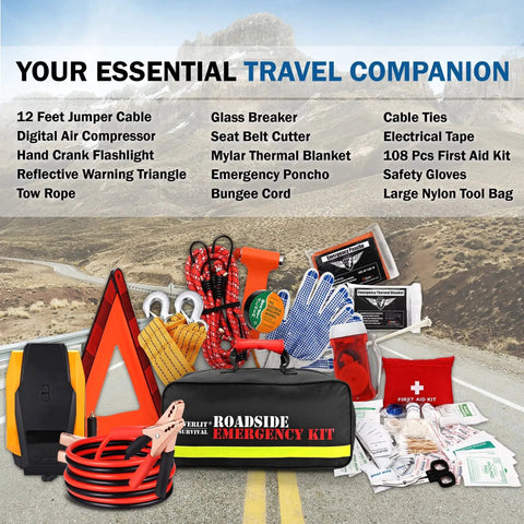 Go To Car Roadside Emergency Kit With Digital Tire Inflator 12 Foot Jumper Cable Tow Strap First Aid Kit Work Gloves Flashlight