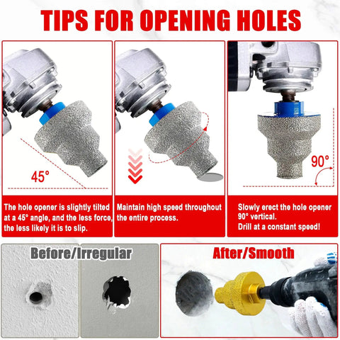 Three In One Diamond Core Drill Bit With M10 Adapter 20mm 35mm 50mm Step Drill For Ceramic Tile Marble Granite Concrete And Wood Hole Saw Kit With Bevel Chamfer Bits Ideal For Drilling Enlarge Holes And Chamfering Fits Half Inch Chuck shown in use, demonstrating proper drilling angles and smooth hole results.