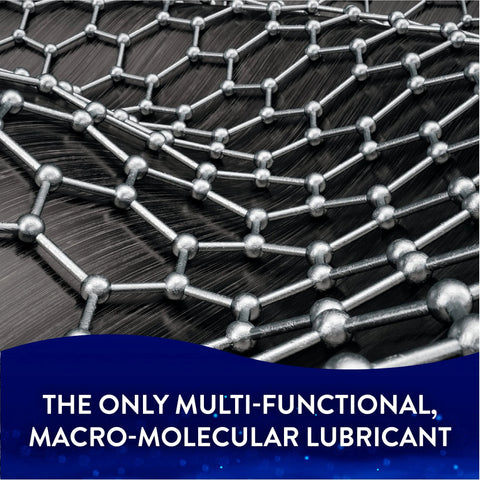 AtomLube all-purpose grease with metallic molecular lattice background and blue promotional banner
