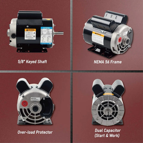 Close-up of 2HP Air Compressor Replacement Motor With 3450 RPM Dual Voltage 115 Or 230V 56 Frame 5 Eighth Inch Keyed Shaft Ultra Quiet 75 DB Electrically Reversible Drop In Replacement by JIAXINPRO showing 5/8 inch keyed shaft, NEMA 56 frame, overload protector, and dual capacitor features.