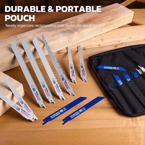 32-Piece Reciprocating Saw Blade Set With Organizer Pouch For Wood Metal And Pruning Blades Featuring Cr-V Steel Woodcutting Blades Bi-Material Metal Blades And Pruner Blades Ideal For DIY Projects And Heavy Duty Jobs By WORKPRO displayed with pouch and wood surface.