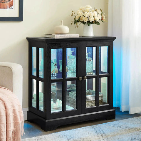 30 Inch Glass Curio Display Cabinet With LED Lighting Modern Two Lattice Doors in living room setting