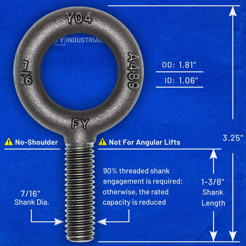 Set Of 10 No-Shoulder Lifting Eye Bolts, 7/16-14 By 1-3/8 Inch, Vertical Pull Only, showing front view and dimensions on blue background