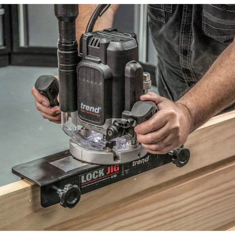 Using Pro Grade Lock Jig Kit for routing face plate recess and mortise with tool-free setup, adjustable width, and locking levers.