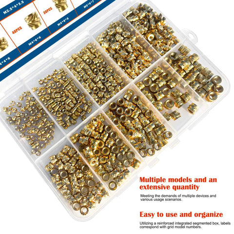 460 Piece Brass Heat Set Threaded Inserts Kit For Plastic And 3D Printing M2.5 M3 M4 M5 M6 Female Knurled Nuts Metric Thread Assorted Size Pack In Storage Case