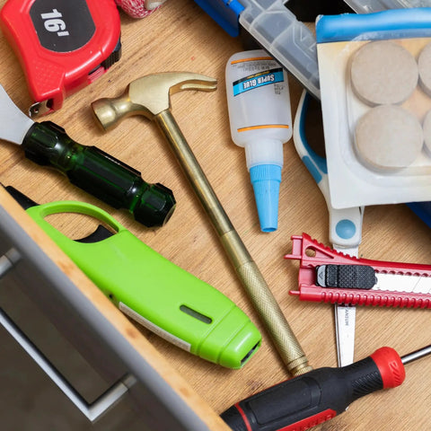 Tool drawer with 5 In 1 Hammer With Built In Screwdrivers Chrome Plated To Resist Rust Lightweight Compact Multitool