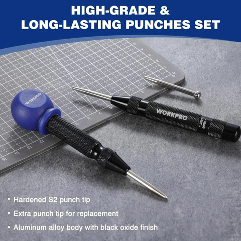 Automatic Center Punch Set 2 Pack With Replacement Tip And Ball Cap Adjustable Spring Loaded Center Punches For Wood Metal Plastic