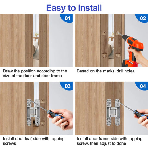 Installation steps for Two Kit Set Stainless Steel Hidden Door Hinges For 7 Inch Doors Concealed Hinges With 180 Degree Swing