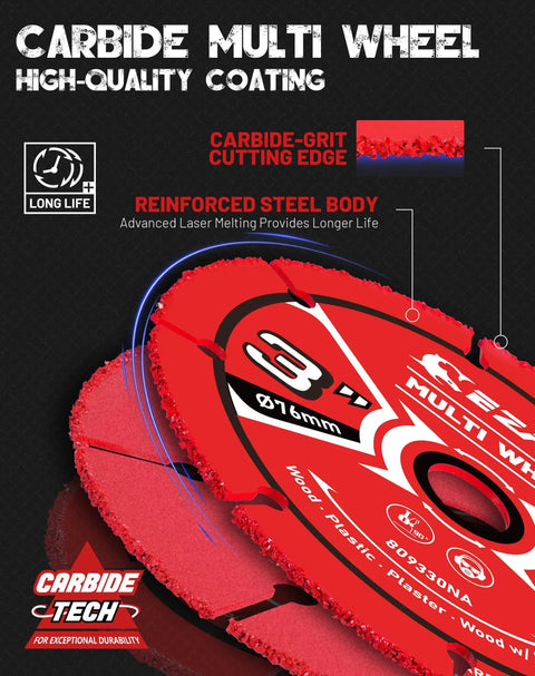 Close-up of red 3 Inch Carbide Cut Off Wheels Set For Angle Grinders with carbide-grit cutting edge and reinforced steel body.