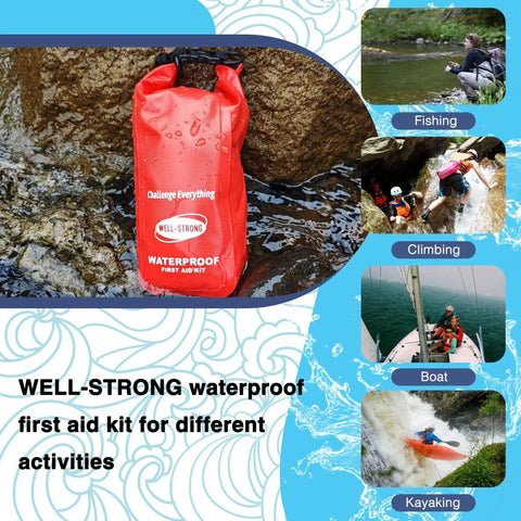 Waterproof Roll Top First Aid Kit For Boats And Outdoor Adventures Red By Well Strong on rocks with outdoor activity images