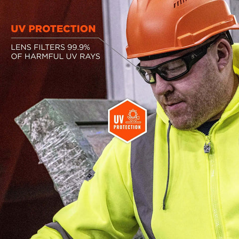 Worker wearing Skullerz Odin Safety Glasses Black Frame Clear Lenses Built For Real Tough Jobs High Impact Eyewear For Work ANSI Z87.1 Plus CSA Z94.3 MIL PRF 32432 Ballistic Protection Durable Full Frame UV 99.9 Percent Eye Safety And All Day Comfort