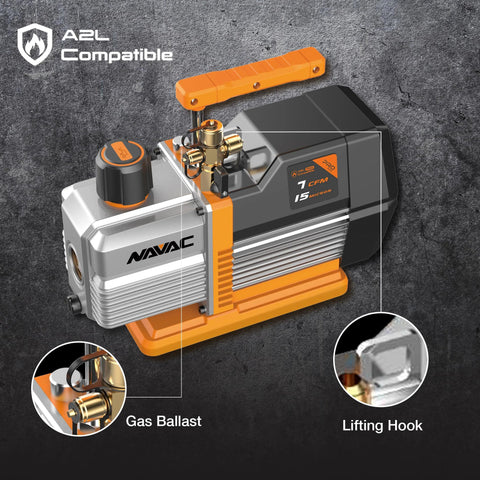 Navac NP7DP2 HVAC vacuum pump, Pro Series, 7 CFM dual-stage, A2L compatible, orange handle.