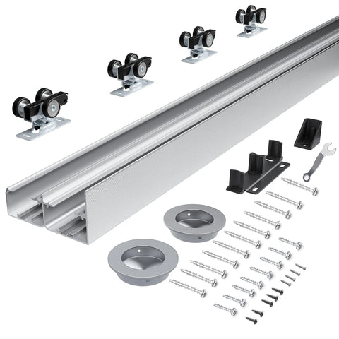 Go To 6 Ft Bypass Closet Door Track Kit With Top Mounted Hardware For Two Door System In Heavy Duty Aluminum Smooth And Quiet Operation Fits Minimum Door Panel Width Of 36.5 Inches Silver Finish.