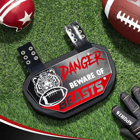 Football back plate with tiger pattern and 'Danger Beware of Beasts' design, ventilated foam padding, for youth and men.