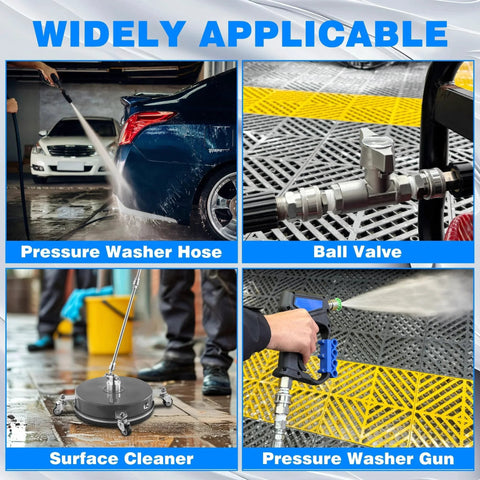 Four images showing various uses of the Three Eighths Inch NPT Pressure Washer Adapter Set With 12 Piece Stainless Steel Internal Thread Quick Connectors For 5000 PSI TasuoX Heavy Duty Quick Connect Hose Fittings Kit Featuring Three Eighths NPT Female And Male Connections, including a pressure washer hose, ball valve, surface cleaner, and pressure washer gun application.