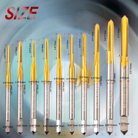 Micro Metric Tap Set With Tap Wrench, 10 Piece Ti Coated M2 HSS Thread Taps, sizes M1x0.25 to M3.5x0.6, features detailed dimensions