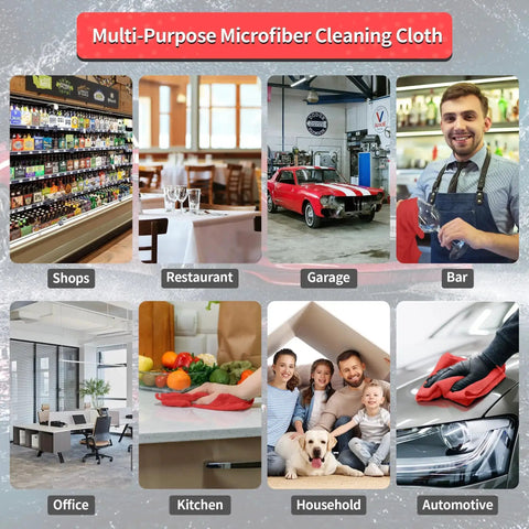 Collage of red microfiber cleaning towels used in shops, restaurants, garages, bars, offices, kitchens, households, and automotive settings.