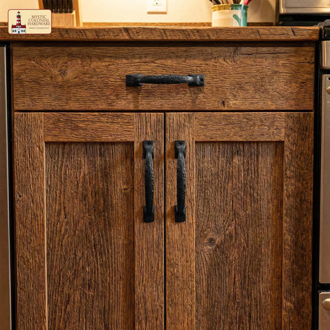 Twisted Grip Mystic Colonial Rustic 6.5 Inch Barn Door Handle Pull For Sliding Barn Doors Built Tough With Black Wrought Iron For Wooden Gates Garages Sheds And Farmhouse Furniture on a cabinet