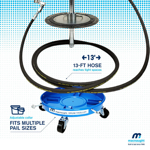 Macnaught P3TR grease pump on blue drum trolley with 13 ft hose and booster gun
