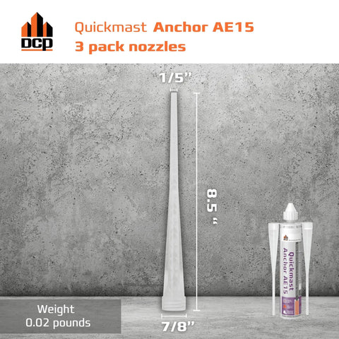 3 Pack Replacement Nozzles For Quickmast Anchor AE15 Concrete Epoxy Anchor System in clear plastic, front view showing dimensions.