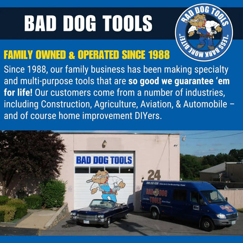 Front view of Bad Dog Tools building with logo, featuring company van and text about family-owned business since 1988.