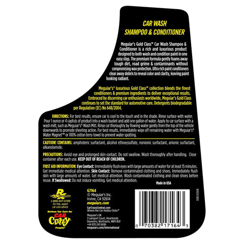 Back label of 64 oz Meguiar's Gold Class Car Wash Shampoo and Conditioner showing directions and cautions.
