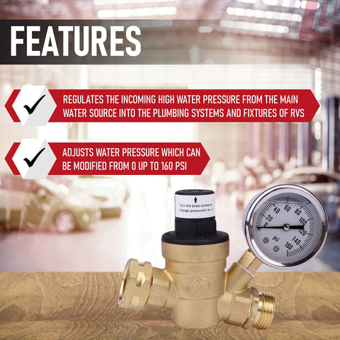 RV water pressure regulator with gauge, brass body, 3/4 inch inlet, adjustable up to 160 PSI