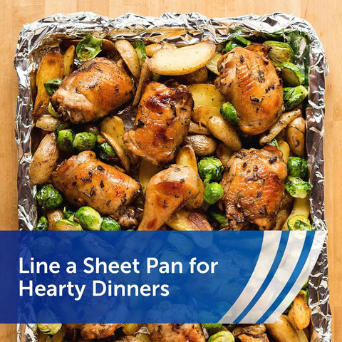 Sheet pan lined with Heavy Duty Aluminum Foil Roll, 12 Inch Wide, 130 Sq Ft, Thick Foil For Grilling, Roasting, And Food Prep