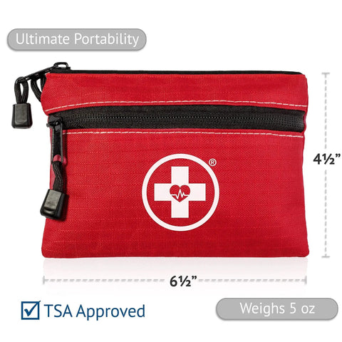 Red mini medical kit from All Purpose 64 Piece 2 In 1 Car Travel First Aid Kit For Home And Outdoors By Swiss Safe, 4.5x6.5 inches, TSA approved