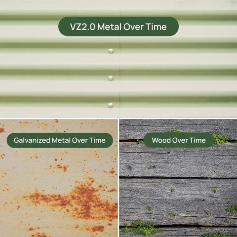 Comparison of VZ 2.0 metal durability versus rusted metal and aged wood for Olive Green 17 Inch Tall Nine In One Metal Raised Garden Bed Kit