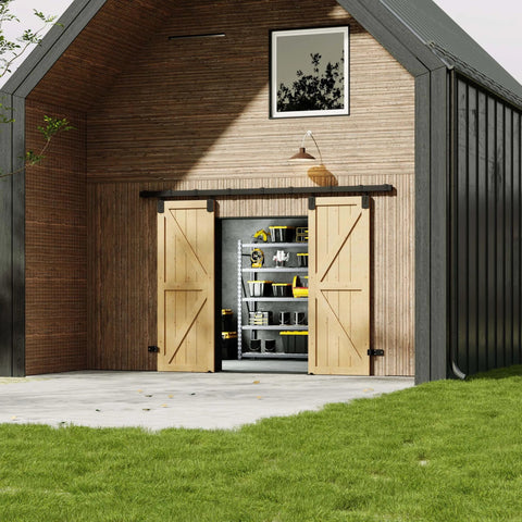 Exterior Barn Door Hardware Kit With Door 96 By 84 Inches K Frame 16 Foot Heavy Duty Black Sliding Track System Waterproof And Rustproof Easy Install For Warehouse And Garage Pine Door installed on barn.