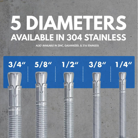 Five diameters of 304 stainless steel wedge anchors for concrete and cement, including Three-Eighth-Inch By Three-Inch bolts, on display.