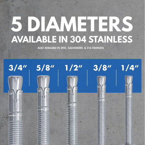 Heavy Duty 3/8 Inch By 5 Inch 304 Stainless Steel Wedge Anchors For Concrete And Cement, Corrosion Resistant Anchors
