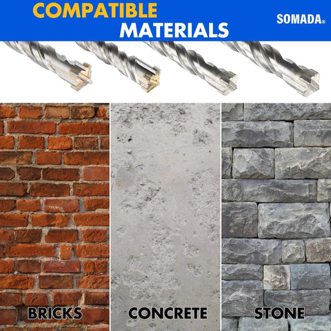 Image showing compatible materials for drilling with Long 1 Inch SDS Plus Drill Bit For Rotary Hammers, including brick, concrete, and stone.