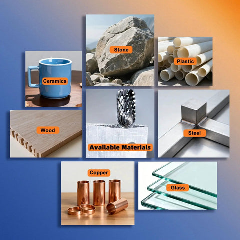 Collage of materials including stone, plastic, ceramics, wood, copper, steel, and glass with a cylindrical tungsten carbide rotary burr bit.