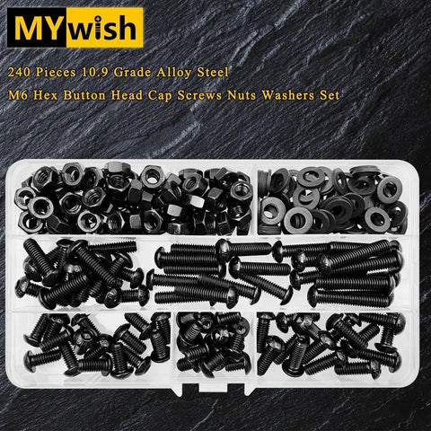M6 Hardware Kit 240 Pieces Built Tough Alloy Steel Nuts Bolts With Button Head Socket Cap Bolts Flat Washers And Hex Wrenches